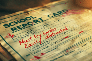An AI Image of an old school report - with red markings saying Must try harder, easily distracted