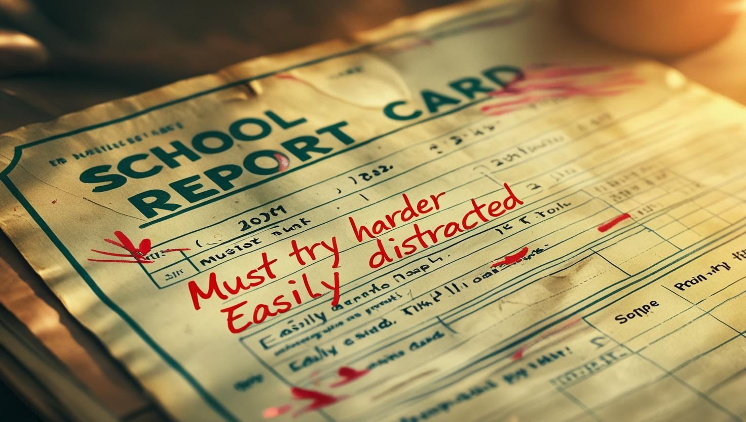 An AI Image of an old school report - with red markings saying Must try harder, easily distracted