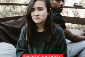 a couple sitting side by side, one looking emotional, the other looking unsure—caption: “Support is wanted. But not always obvious.
