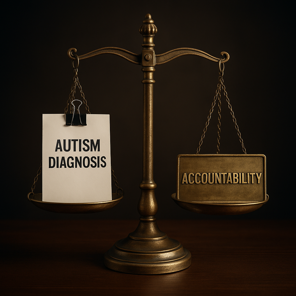 An AI Image A classic balance scale, with “Autism Diagnosis” on one side and “Accountability” on the other.