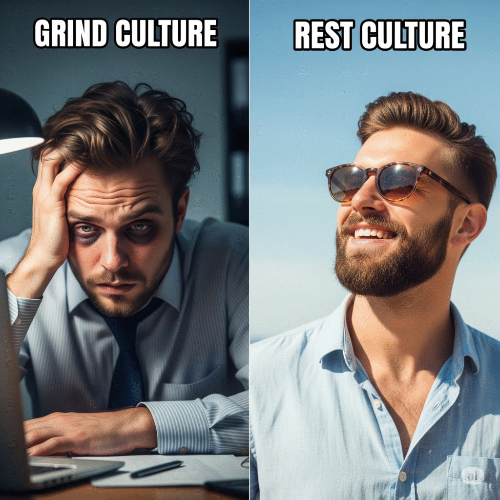 An AI image of A side-by-side meme showing “Grind Culture” vs. “Rest Culture” with the rest side looking healthier, happier, and more stylish.