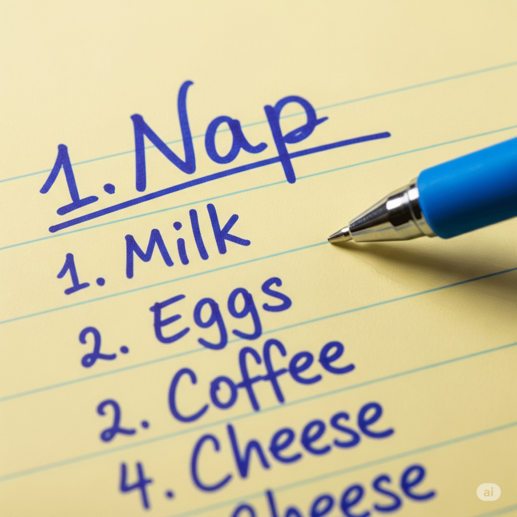 An AI image of A handwritten to-do list with “Nap” proudly listed at number one.