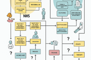 A confusing flowchart-style graphic showing NHS vs Private ADHD routes, with roadblocks and question marks