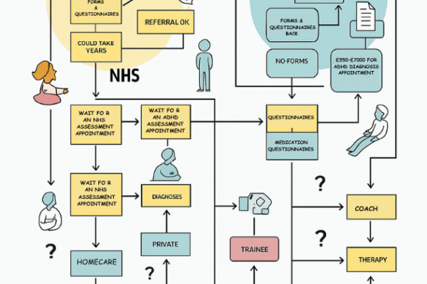 ND Diagnosis Delays: Why Are Adults Still Waiting? A confusing flowchart-style graphic showing NHS vs Private ADHD routes, with roadblocks and question marks