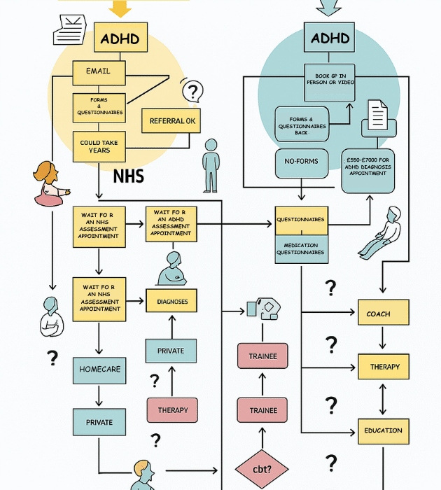 A confusing flowchart-style graphic showing NHS vs Private ADHD routes, with roadblocks and question marks