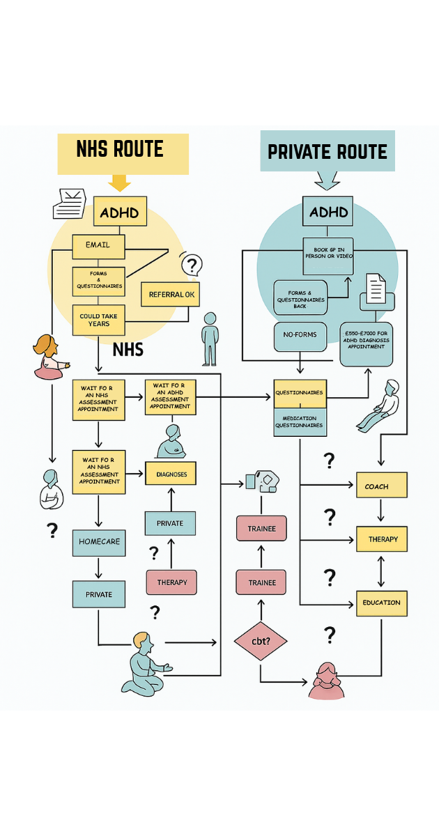 A confusing flowchart-style graphic showing NHS vs Private ADHD routes, with roadblocks and question marks