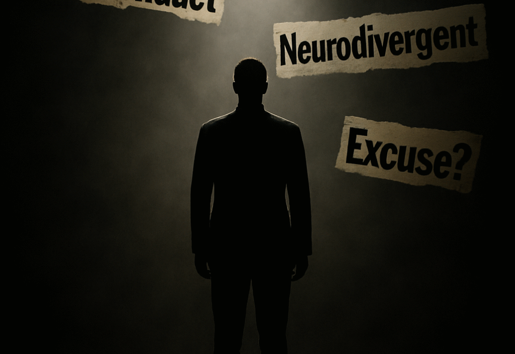 An AI Image of A lone silhouette under intense spotlight, surrounded by chaotic, cut-out headline words like “Misconduct,” “Neurodivergent,” “Excuse?”