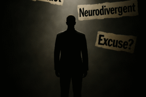 An AI Image of A lone silhouette under intense spotlight, surrounded by chaotic, cut-out headline words like “Misconduct,” “Neurodivergent,” “Excuse?”