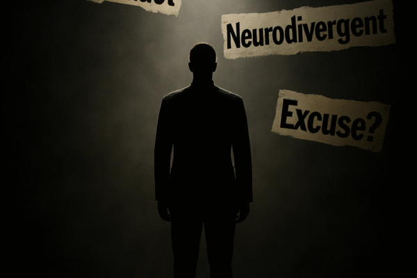 Autism or Alibi? Late Diagnosis Meets Years of Misconduct An AI Image of A lone silhouette under intense spotlight, surrounded by chaotic, cut-out headline words like “Misconduct,” “Neurodivergent,” “Excuse?”