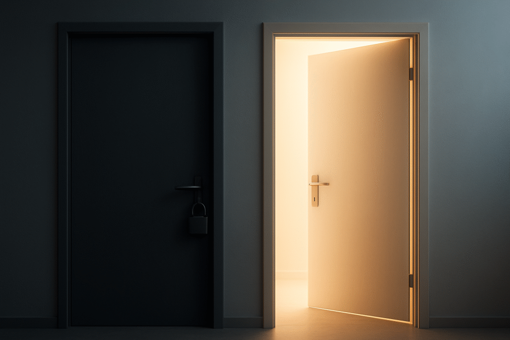 An AI symbolic image of locked and unlocked doors representing the disclosure dilemma