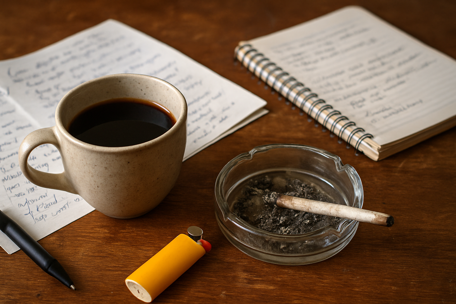 An AI Image of a thoughtful, slightly chaotic desk scene with a half-drunk black coffee, scribbled notes, and a lighter abandoned mid-thought also a half smoked rolled cigarette slowly burning away in an already full ashtray)