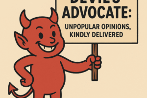 An AI Cartoon image of a A devil character (not scary—cheeky!) holding a sign that says: “Devil’s Advocate: Unpopular Opinions, Kindly Delivered”