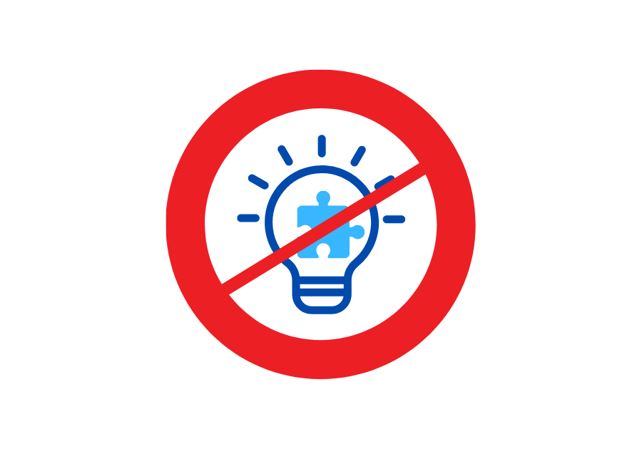 A blue light bulb with a puzzle piece inside inside a red circle and cross through it