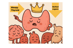 Image of an illustration of a thyroid king bullying several internal organs