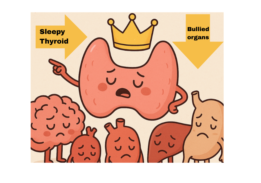 Image of an illustration of a thyroid king bullying several internal organs