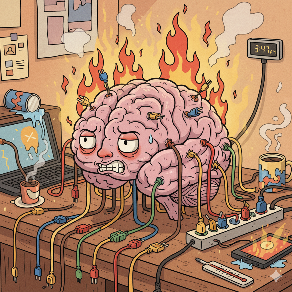 An AI generated   Illustration of a brain plugged into too many sockets, overheating