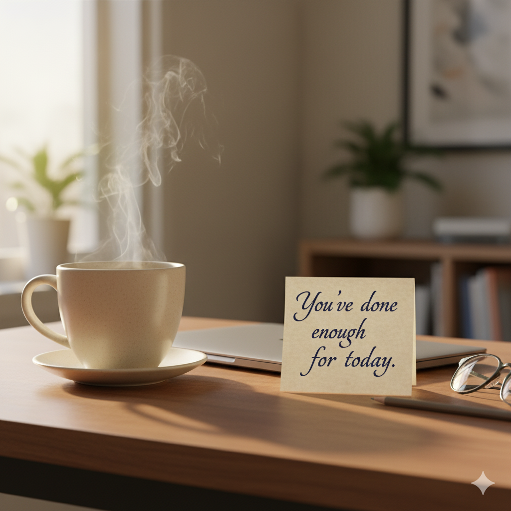An image of a Cup of tea next to a closed laptop and a handwritten note saying, “You’ve done enough for today.”