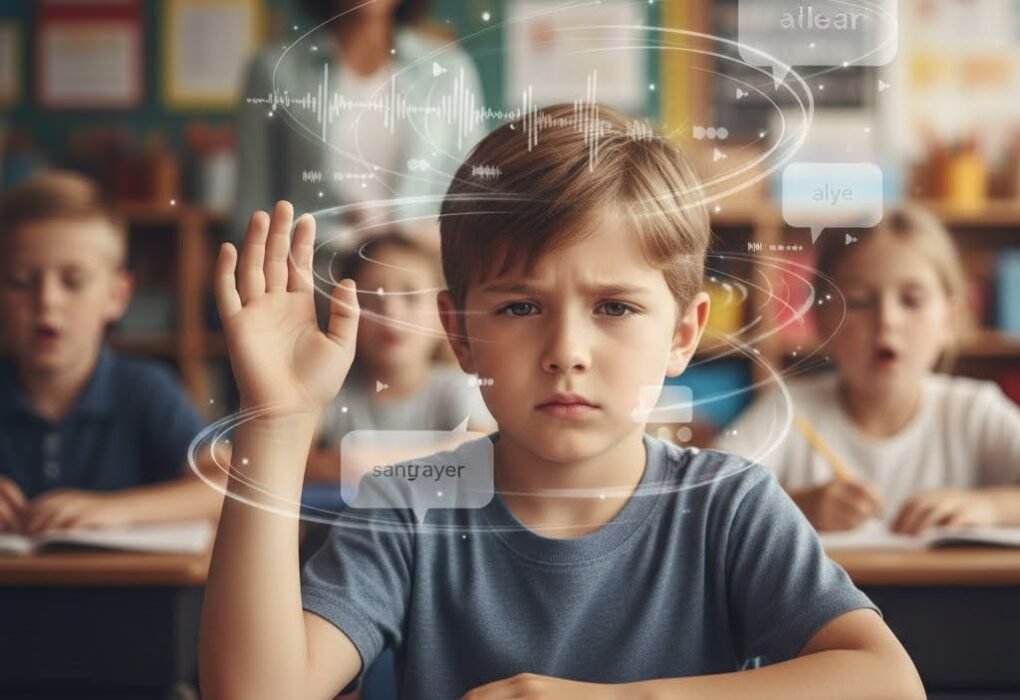 An AI Image of a child in a classroom that looks perlexed and confused about what is going on around them