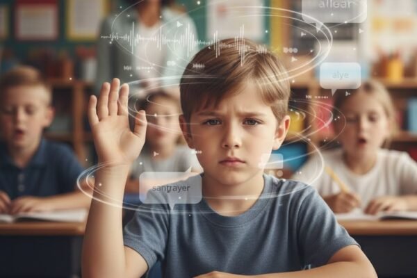 An AI Image of a child in a classroom that looks perlexed and confused about what is going on around them