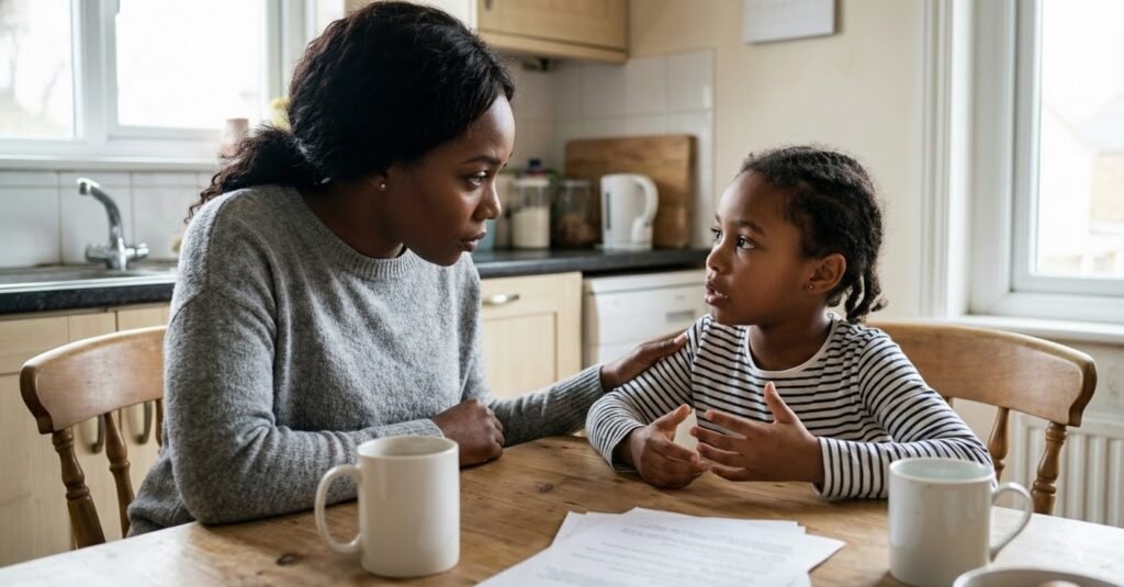 A Black Mother and Son having a serious conversation at the kitchen table.