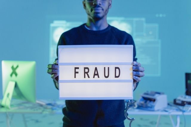 A man holding a sign that says FRAUD
